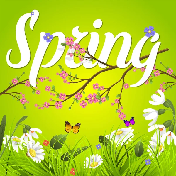 Printemps vectoriel texte lettrage fond avec fleur floral vert texte lettre ornement belle calligraphie fleur bonjour printemps est à venir affiche illustration . — Image vectorielle