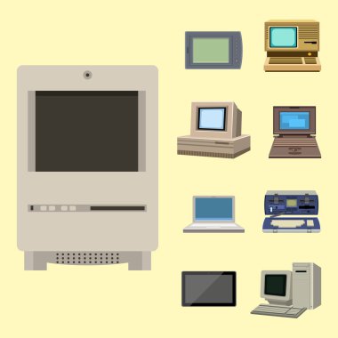 Bilgisayar teknoloji vektör evrim görüntülemek telekomünikasyon ekipman metal pc monitör çerçeve modern ofis ağı.