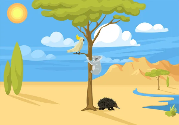 Avustralya vahşi arka plan manzara hayvanlar popüler doğa düz stil Avustralya yerli orman vektör çizim karikatür. — Stok Vektör
