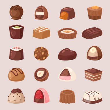 Çikolata şeker tatlı konfeksiyon tatlı şekerleme Dükkanı çizimde candyshop küme üzerinde arka izole lezzetli choco trüf kakaolu vektör