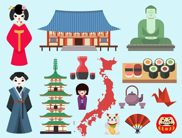 Vecteur plat symboles colorés du Japon Voyage et Asie tourisme conception emballage tissu traditionnel fuji oriental architecture art . — Image vectorielle