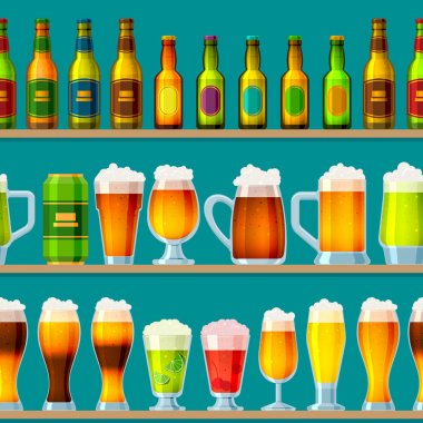 Canlandırıcı bira vektör beermug veya beerbottle ve karanlık bira bira ile alkol ve pub illüstrasyon Dikişsiz desen arka plan beered kadar sarhoş parti üzerinde çubuk