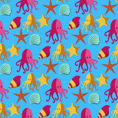 Deniz unsurları ile Dikişsiz desen kağıt okyanus deniz mavi doku duvar kağıdı deniz vektör çizim dalga.