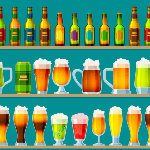 Cerveja em cervejaria cervejaria cervejaria vector beermug ou garrafa de cerveja e cerveja escura no bar em festa de cerveja com álcool e beered em pub ilustração sem costura padrão fundo — Vetor de Stock