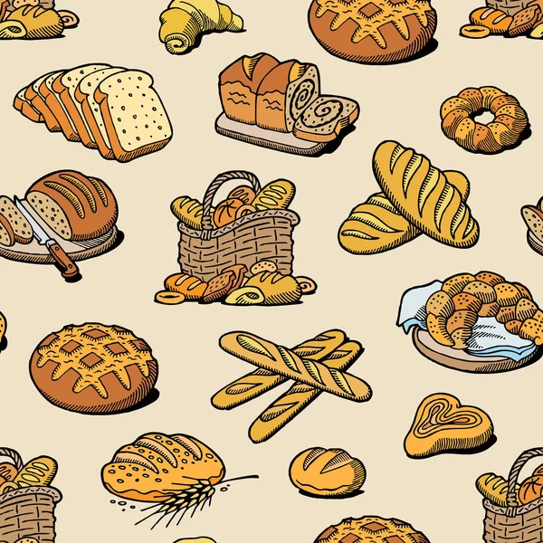 Pieczywo i chleb wektor pieczenia breadstuff posiłek bochenek lub bagietki pieczone przez baker w bakehouse ilustracja wzór tła — Wektor stockowy