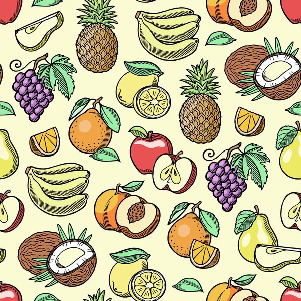 Διάνυσμα φρούτα φρουτώδες μήλο μπανάνα και εξωτική παπάγια χειροποίητο σκίτσο παλιό γραφικό στυλ ρετρό vintage εικονογράφηση. Φρέσκα φέτες τροπικού dragonfruit ή ζουμερό πορτοκάλι γόνιμη χωρίς ραφή πρότυπο φόντο — Διανυσματικό Αρχείο