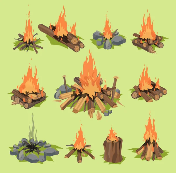 Fire flame or firewood outdoor travel bonfire vector fired flaming fireplace and flammable campfire illustration fiery or flamy forest set with wildfire isolated on background — Stock Vector
