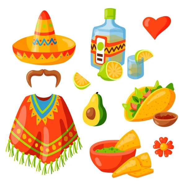 México ícones vetor ilustração gráfico tradicional viagem tequila álcool fiesta bebida etnia azteca maraca sombrero . — Vetor de Stock