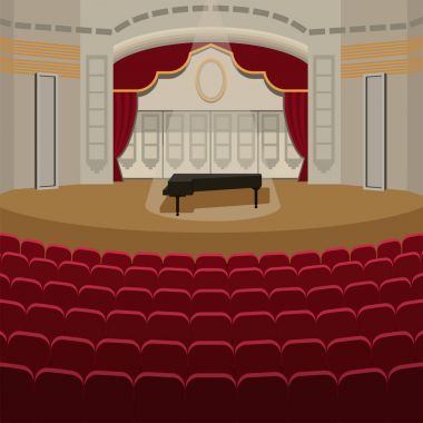Tiyatro sahne perdeleri eğlence sahne ışıkları Tiyatro sahne iç eski opera performans arka plan vektör çizim ile.