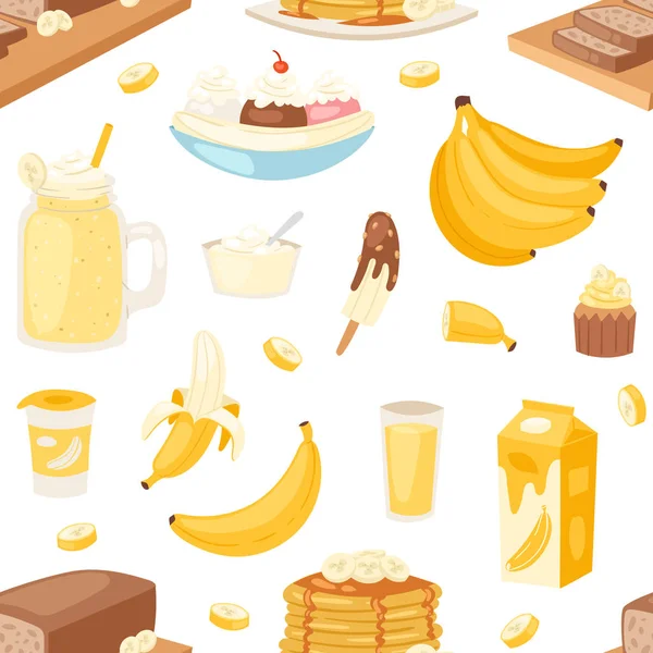 Banana set vector plátanos productos panqueque de pan o banana split con cóctel amarillo y fruta en chocolate ilustración bananapeel o piel sin costuras patrón de fondo — Vector de stock