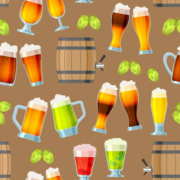 Pivo v pivnici pivovaru vektor beermug nebo beerbottle a tmavé pivo v baru na pivní party s alkoholem a beered až v hospodě ilustrace vzor bezešvé pozadí — Stockový vektor