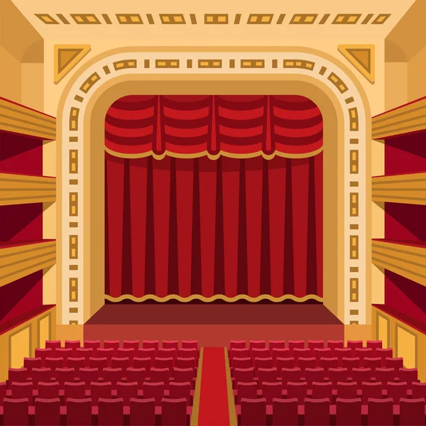 Teatro palcoscenico con tende intrattenimento riflettori scena teatrale interno vecchia opera performance sfondo vettoriale illustrazione . — Vettoriale Stock