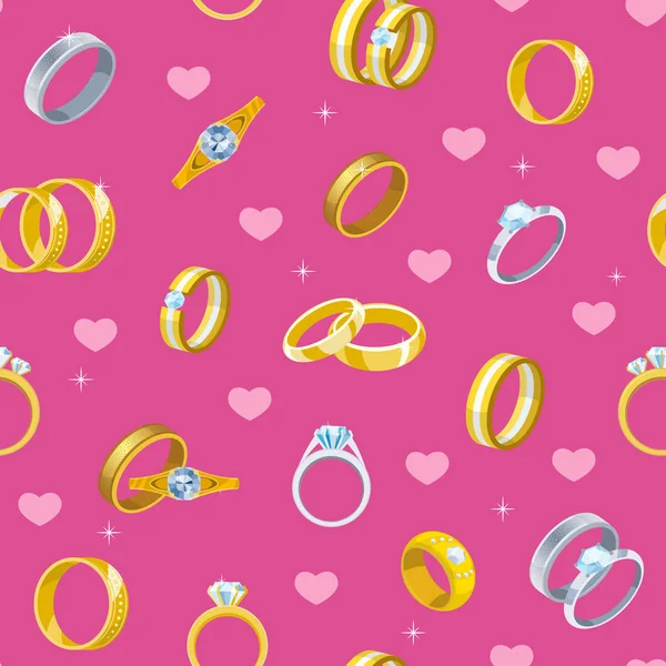 Bruiloft ringen vector betrokkenheid symbool gouden Zilveren sieraden voor voorstel huwelijk wo teken zal je met me trouwen bruids afbeelding instellen naadloze patroon achtergrond — Stockvector