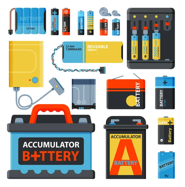 Batterie Energie sparen Akkumulator Vektor Werkzeuge Elektrizität Ladung Brennstoff positive Versorgung und isposable Batterie Komponente Alkaline-Industrie-Technologie akkumulierte Abbildung. — Stockvektor