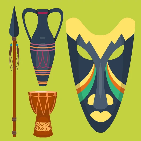 Máscara vectorial africana djembe tambor y jarrón música instrumento tradicional sonido étnico enmascaramiento cultura musical herramienta ilustración . — Archivo Imágenes Vectoriales