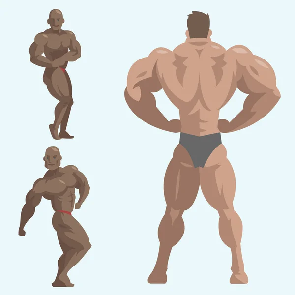 Bodybuilder sportsman vector characters muscular bearded man fitness male strong athlets model posing bodybuilding sport gym cartoon style illustration — Stock Vector