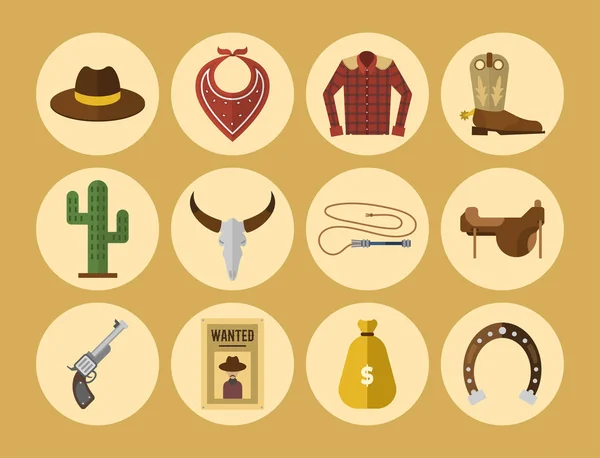 Divoké západní vektor kovboj ikony rodeo vybavení a mnoho různých západních divokého západu příslušenství ilustrace — Stockový vektor