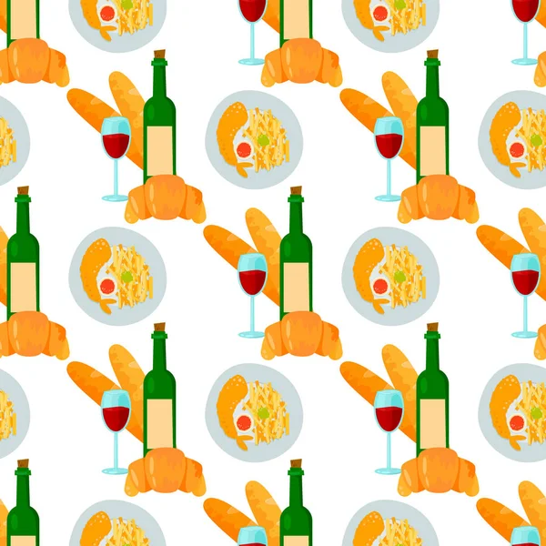 Französische Küche Croissant Wein Glas nahtlose Muster Hintergrund schmackhaftes Essen und Küche Abendessen Essen leckere Elemente flache Vektor Illustration. — Stockvektor
