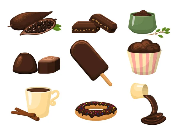Chocolate varios dulces sabrosos y dulces dulce marrón delicioso gourmet azúcar cacao snack vector ilustración — Vector de stock
