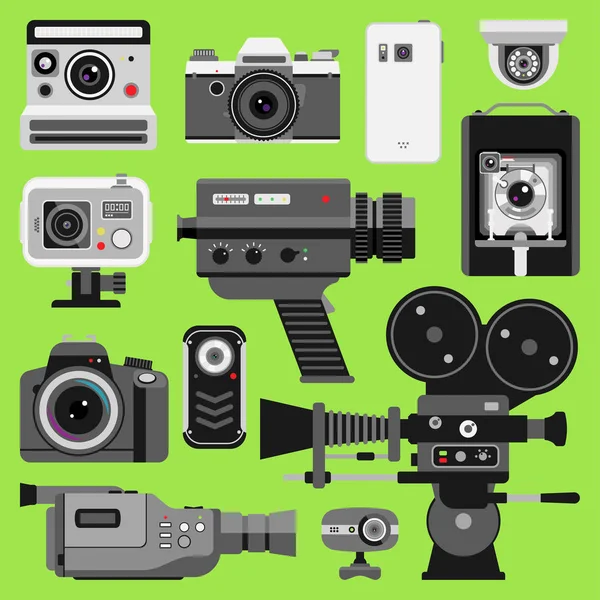 Fotoğraf video vektör kamera araçları optik lensler ayarlayın. Farklı fotoğraf-amaç retro video donanımları, profesyonel film film teknik yapma. Vintage dijital teknoloji elektronik kameralar aygıt — Stok Vektör