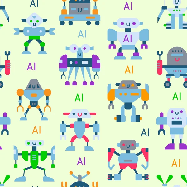 Robots vector dibujos animados robot niños juguete lindo personaje monstruo o transformador cyborg robótica transformar robóticamente sin costuras patrón de fondo — Vector de stock