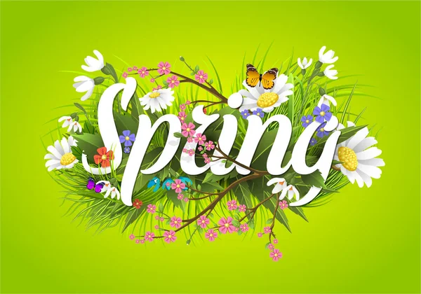 Tavaszi vector szöveg betűkkel az háttérben virág virág Zöld szöveg betű dísz gyönyörű kalligráfia hello tavaszi virág jön poszter illusztráció. — Stock Vector