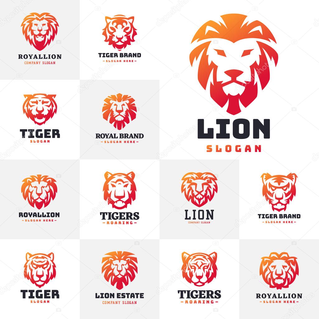 Tiger head logo with beautiful animal. Vector hand drawn lion face illustration. Ancient guard ornate relief sculpture. Strength predator power wildcat.