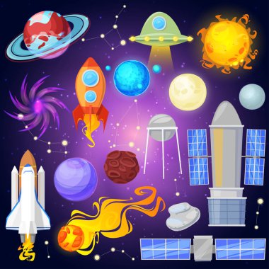 Merkür Venüs Dünya'ya da mars planetarium ve uydu sayıda astronomik illüstrasyon ve galaksideki bir kuyruklu yıldız üzerinde arka izole gezegen sisteminde vektör gezegenler ve uzay gemisi uzay