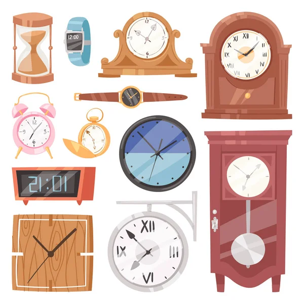 Klockan vektor klocka med urverk och clockface eller armbandsur klockade i tid med timme eller minut pilar illustration klockning larm timer set isolerad på vit bakgrund — Stock vektor