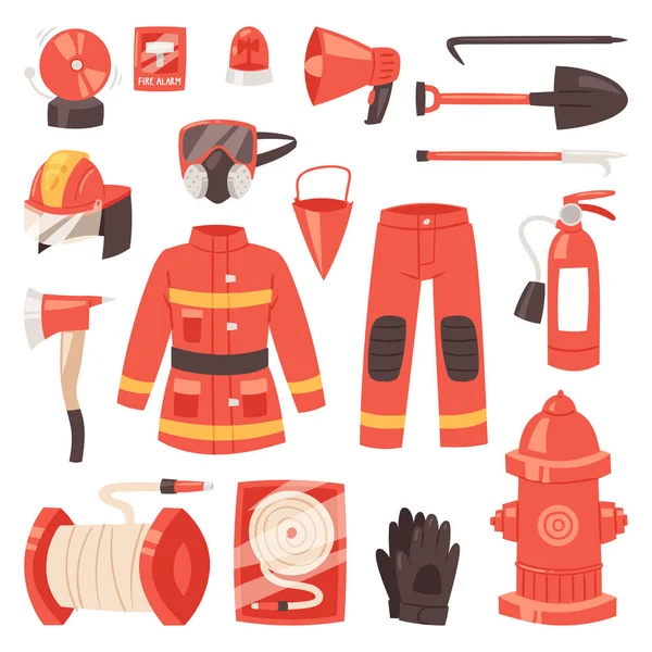 Vigile del fuoco vettore antincendio attrezzature antincendio idrante e estintore illustrazione set di uniforme pompiere con casco isolato su sfondo bianco — Vettoriale Stock