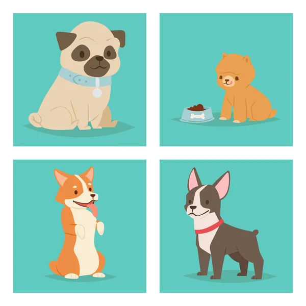Χαριτωμένο παιχνίδι κουτάβι σκύλοι χαρακτήρες αστεία καθαρόαιμους κωμικό ευτυχισμένη θηλαστικό σκυλάκι φυλή εικονογράφηση φορέα. — Διανυσματικό Αρχείο