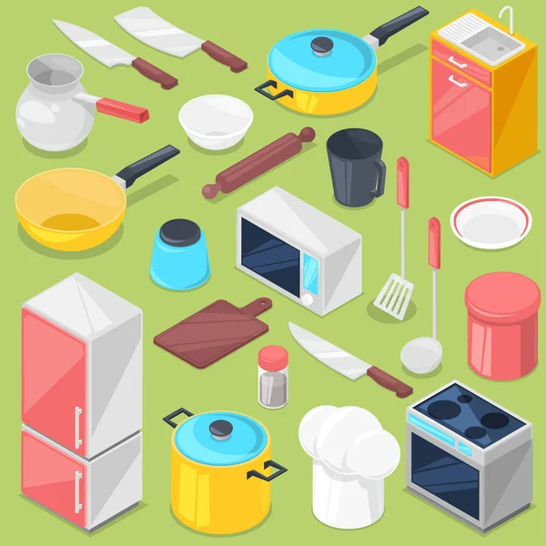 Кухонные принадлежности векторная бытовая техника и посуда для приготовления пищи или кухонная утварь для кухонной изометрической иллюстрации холодильник в кухонном наборе изолированы на заднем плане — стоковый вектор