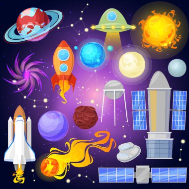 Merkür Venüs Dünya'ya da mars planetarium ve uydu sayıda astronomik illüstrasyon ve galaksideki bir kuyruklu yıldız üzerinde arka izole gezegen sisteminde vektör gezegenler ve uzay gemisi uzay