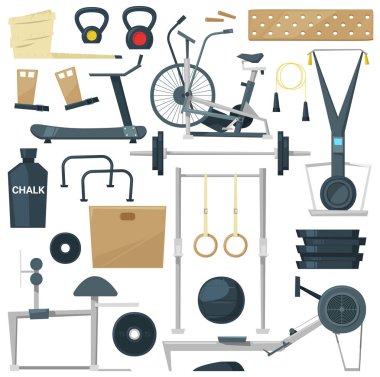 Fitness ekipmanları vektör spor salonu makine spor yapmak için e doğru kurmak beden vücut ağırlıkları beyaz arka plan üzerinde izole ekibinin illüstrasyon küme ile Eğitim Egzersiz Egzersizler