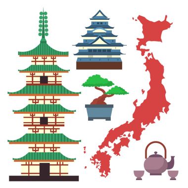 Vektör düz renkli semboller Japonya seyahat ve Asya turizm ambalaj kumaş geleneksel fuji oryantal mimari sanat tasarım.