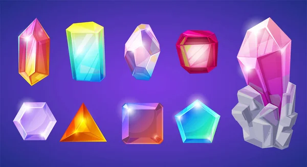 Crystal stenen vector kristallijne gem en kostbare edelsteen voor juwelen illustratie set juweel of mineraal steenachtige kristallisatie van natuurlijke quartz geïsoleerd op achtergrond — Stockvector