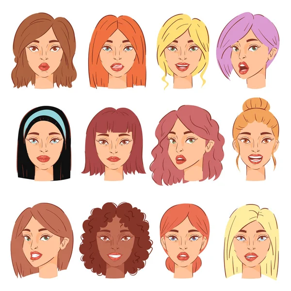 女性肖像矢量女性人物脸上的发型和卡通人物插图一套美丽的面部特征, 在白色背景下隔离 — 图库矢量图片