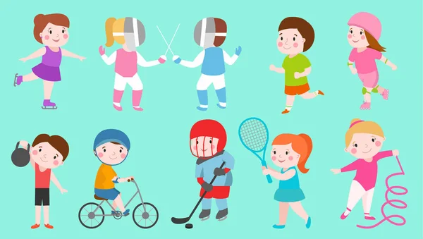 Deporte niños personajes niños y niñas vector deportistas jugar juegos niños actividad niños jugando varios juegos de hockey, fútbol, gimnasia, fitness, tenis, baloncesto, patinaje sobre ruedas, bicicleta — Archivo Imágenes Vectoriales