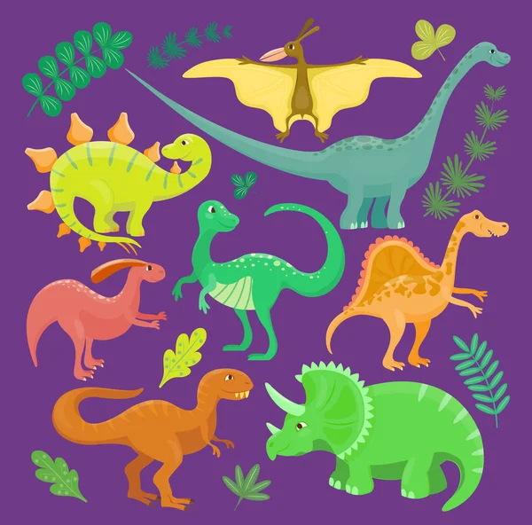 Dinozaur wektor dziecko ręcznie rysowane kreskówki stylu kolekcja zestaw ilustracji. Dino gad potwór ładny zabawny znak zwierzę i prehistorycznych tyranozaura, brontozaura, dinozaurów triceratops fantasy — Wektor stockowy