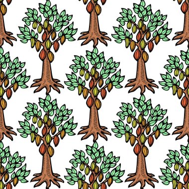 Vektör kakao çekirdeği ağaç elle çizilmiş kroki yiyecek kakao ağacı çikolata tatlı illüstrasyon doodle. Vintage tarzı bitki doğal fasulye madde. Organik kakao tropikal sembolü