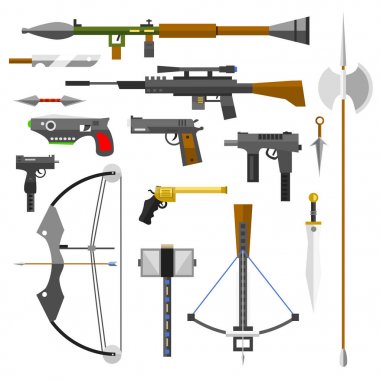 Silah silah tabanca submachine saldırı tüfekler sniper bıçak tabanca mermi simgeler vektör çizim.