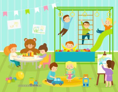 Çocuk çocuklar ışık mobilya dekor ile büyük slayt salıncak anaokulu Oda vektör. Oyun Odası daire dekorasyon genç bebek çocuklar Bahçesi oyuncak robot, tren, topları