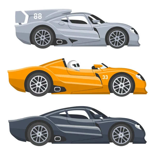 Sportovní závodní auto vektor rychlosti automobilu a offroad rally auto barevné rychlý motor závodní auto řidiče dopravy motorsport ilustrace. Extrémní přeprava mistrovství — Stockový vektor