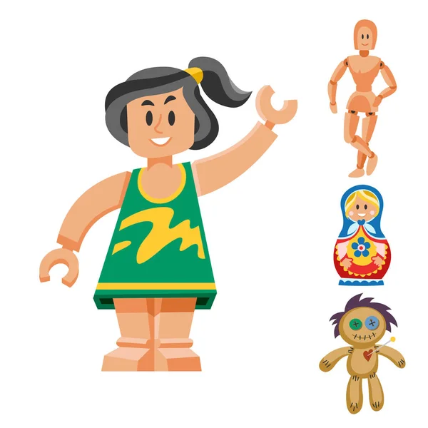 Diverse bambole giocattolo personaggio gioco vestito e fattoria spaventapasseri straccio-bambola vettoriale illustrazione — Vettoriale Stock