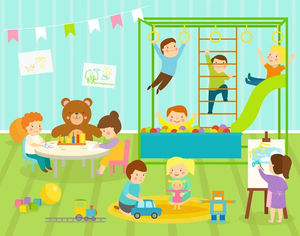 少年は子供ベクトル明るい色の家具の装飾が施された大きなスライド スイングで、幼稚園の部屋です。若い赤ちゃん子供遊び場おもちゃロボット、電車、ボールのプレイルーム アパートを飾る — ストックベクタ