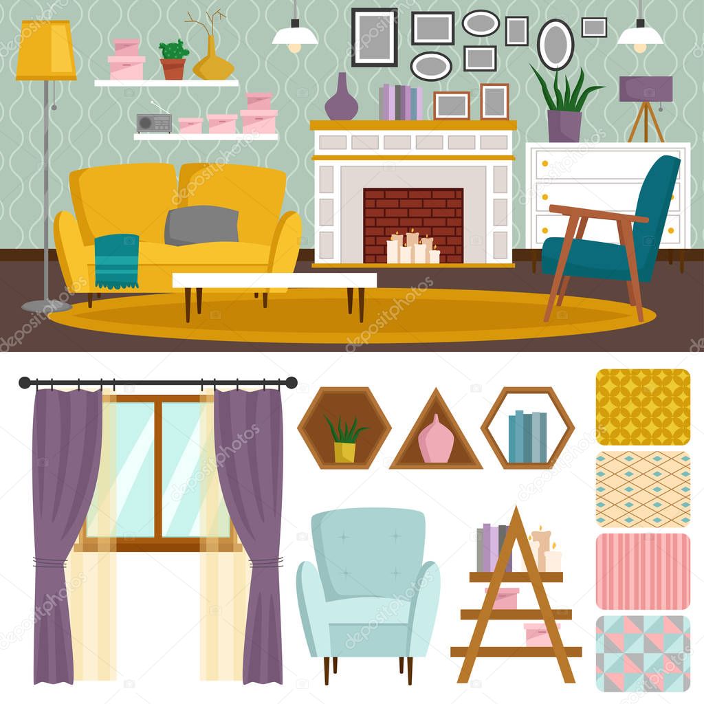 VIP vintage interior furniture rich wealthy house room with sofa set brick wall background vector illustration.