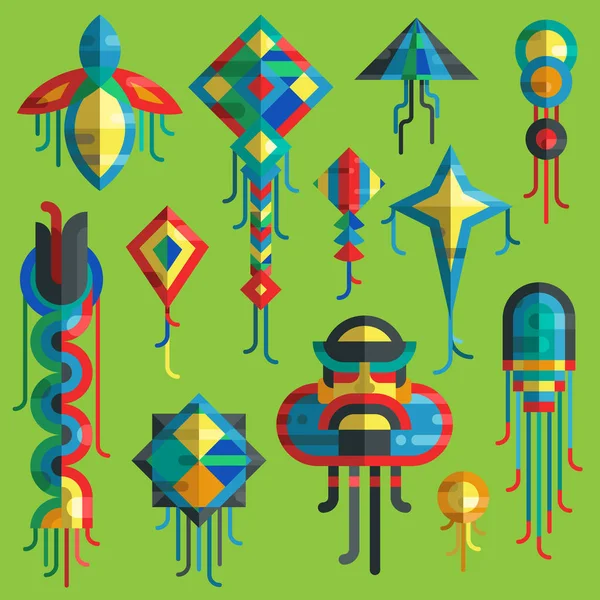 Ιπτάμενα διάνυσμα kite παιχνίδι sky φίδι φίδι δράκος παιδιά παιχνίδι πολύχρωμο σιλουέτα συλλογή απομονωμένη εξωτερική καλοκαιρινή δραστηριότητα εικονογράφηση. Παιδική διασκέδαση των διακοπών πετούν σχέδιο φίδι παιχνίδι παιδί — Διανυσματικό Αρχείο