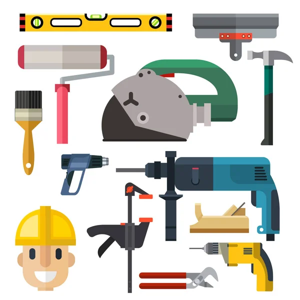 Construction homme et outils de construction charpentier industrie ouvrier équipement vectoriel illustration . — Image vectorielle