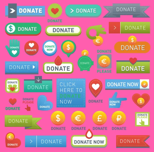 Vector donera knappar hjälpa mänskliga handen pengar i web stil. Donation gåva knappar välgörenhet, isolerade web donera design logga bidra. Pengar ger symbol donera web hjärtat delar set — Stock vektor