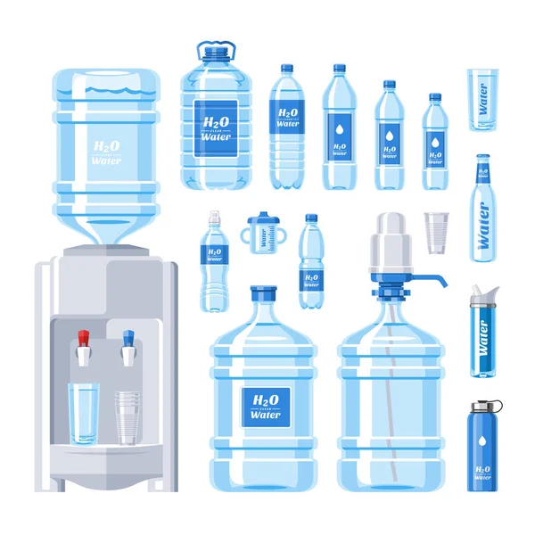 Water bottle vector water drink liquid aqua bottled in plastic container illustration set of bottling water cooler isolated on white background — Stock Vector